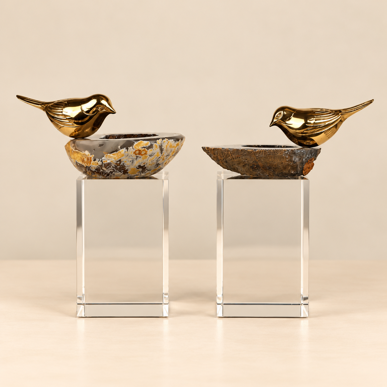 Gold-Tone Bird on Agate and Crystal Stand