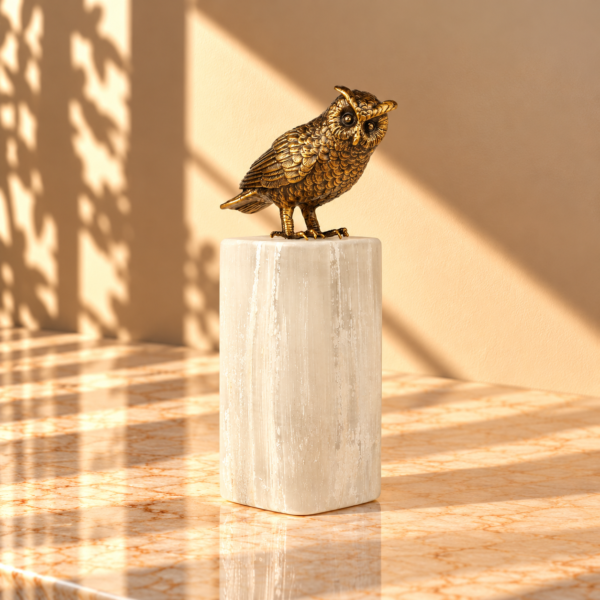 Bronze-Tone Owl Sculpture on Selenite Column