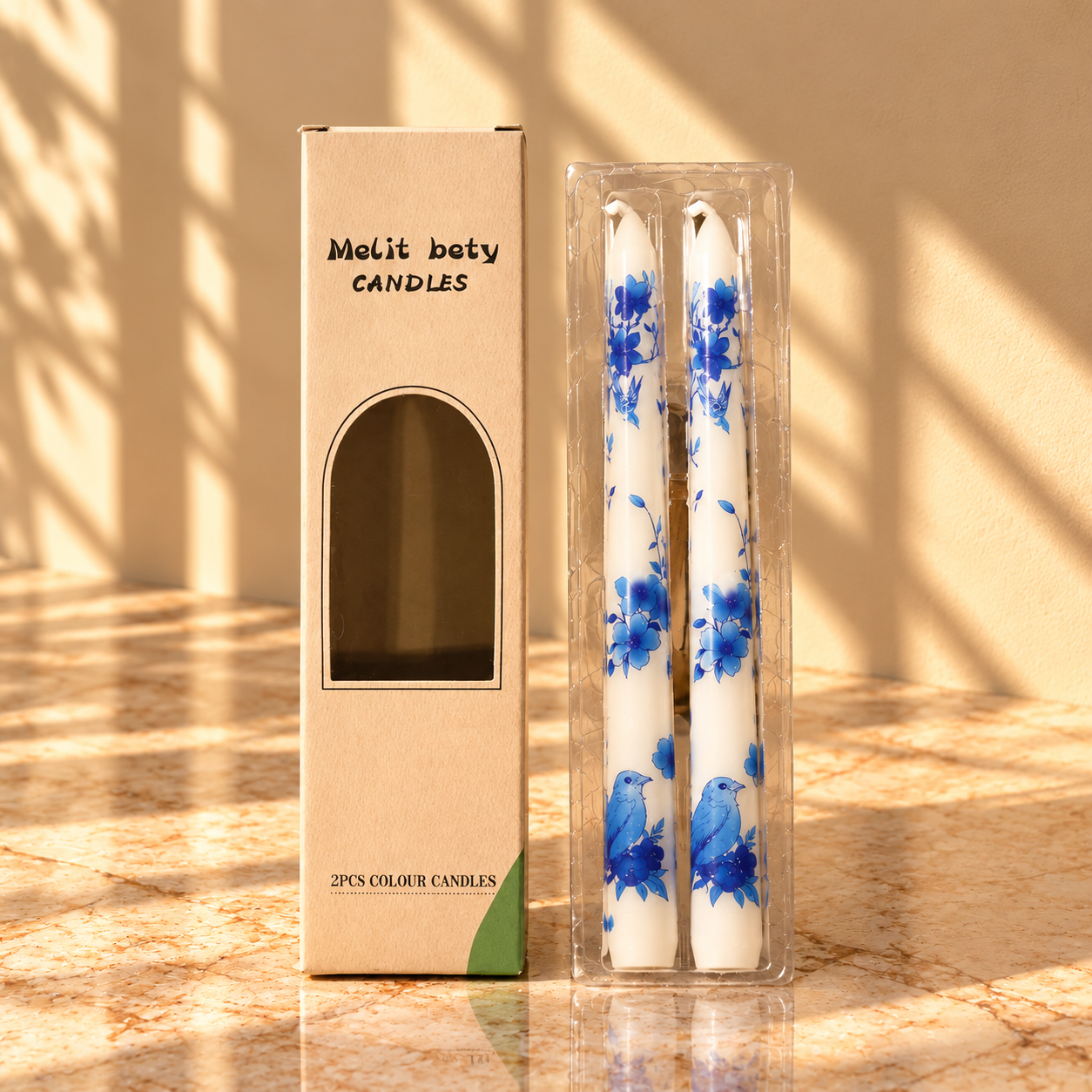 Blue Floral Taper Candles, Set of 2
