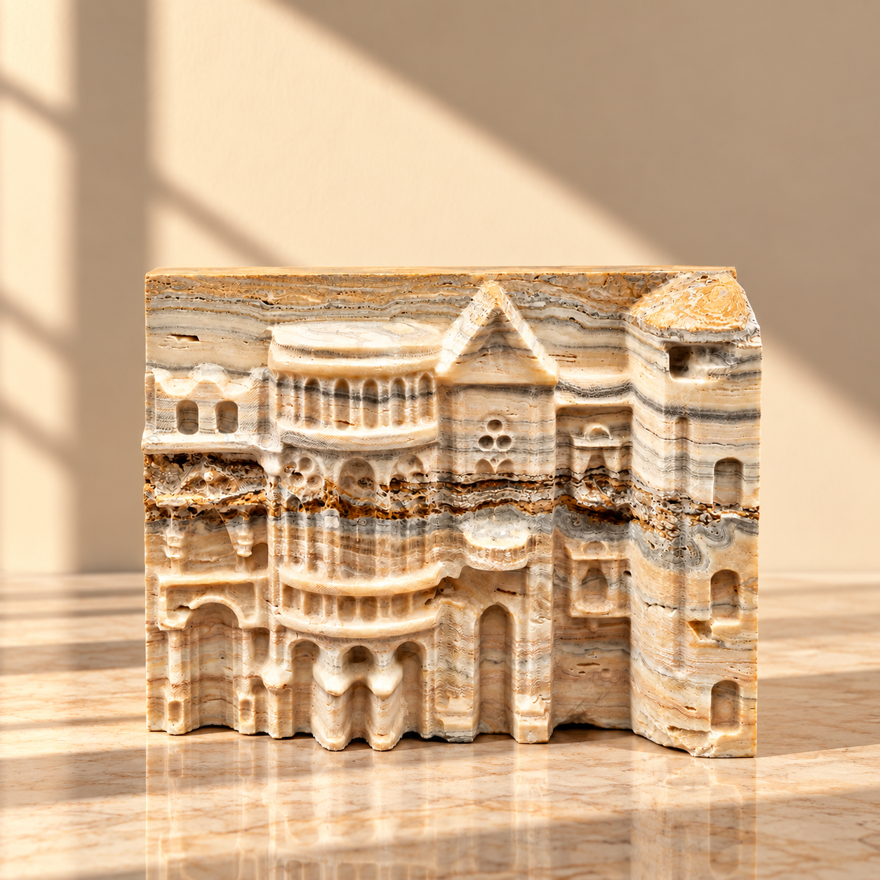Carved Marble City Street Facade Sculpture